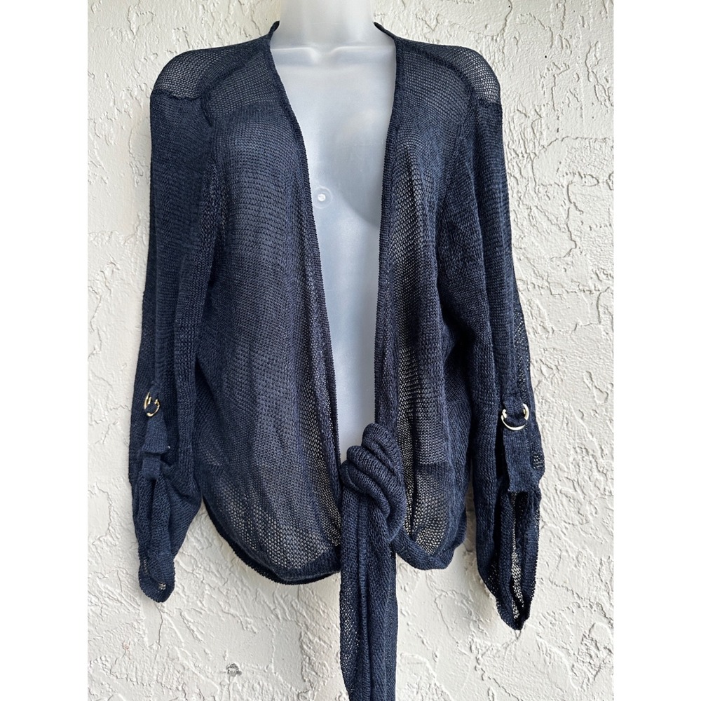 Cache Linen Blend Open Knit Tie Front Cardigan XL Gold Ring Lagenlook Boho